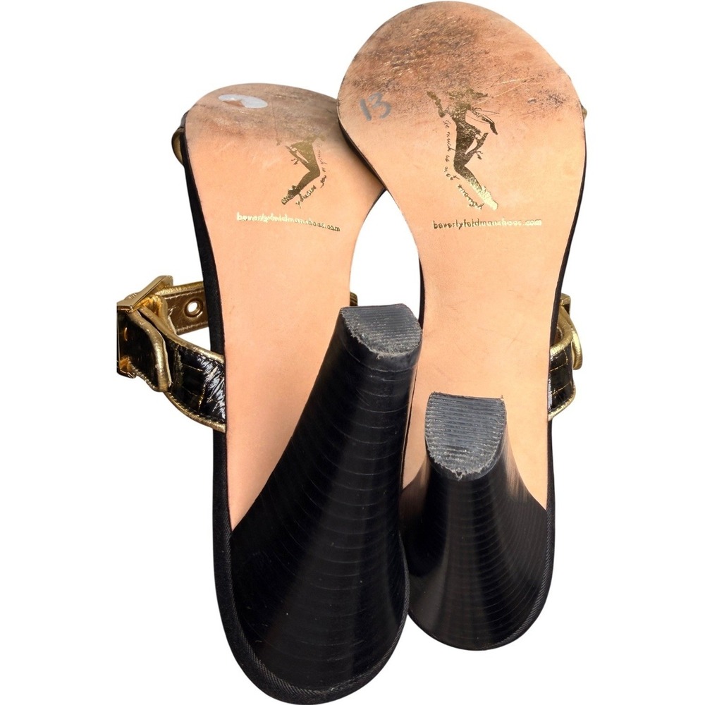 Beverly Feldman Black‎ Gold Croc Patent Mule Heels Ankle Strap Party 8.5 - Picture 6 of 10